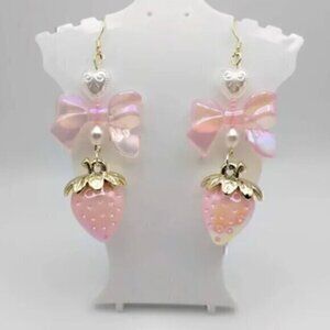 Kawaii Pastel strawberry coquette cottagecore bow Pearl earrings